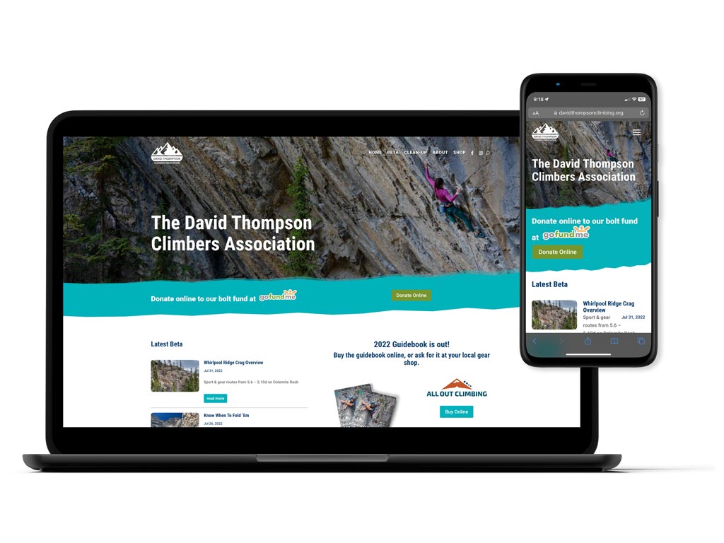 DTCA-web David Thompson Climbers Association website design on a laptop and mobile phone