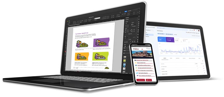 DifitalMachines-v2 Group of electronics showing a brand guide, a website design and SEO analysis using google search console