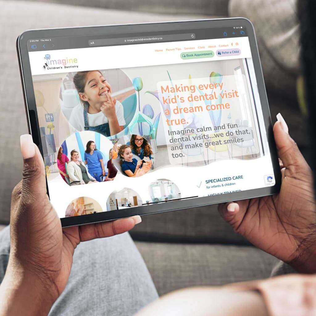 Imagine Children’s Dentistry website design on an tablet - homepage