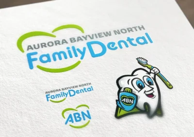 Aurora Bayview North Family Dental Brand Sheet with logo design and character illustration