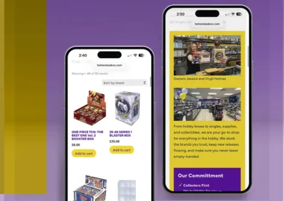 Holmestead Sports Cards & Collectibles mobile website pages, a shop screen and an about us page