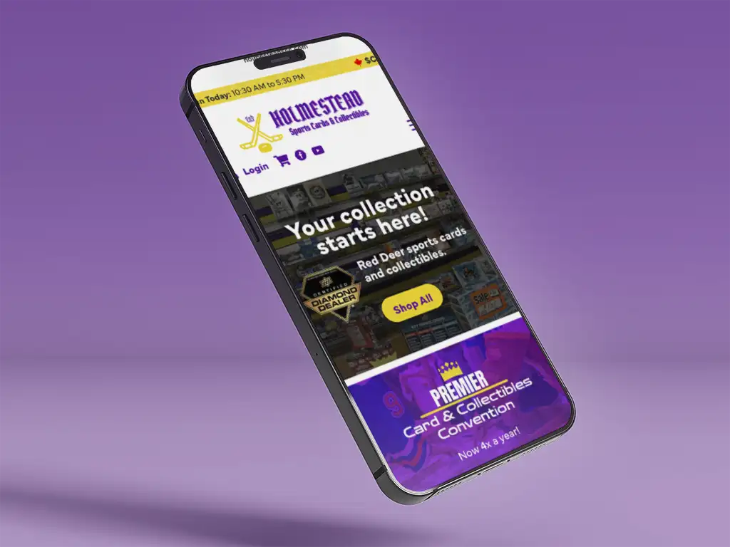 Holmestead Sports Cards & Collectibles homepage on a smartphone floating on a purple ground