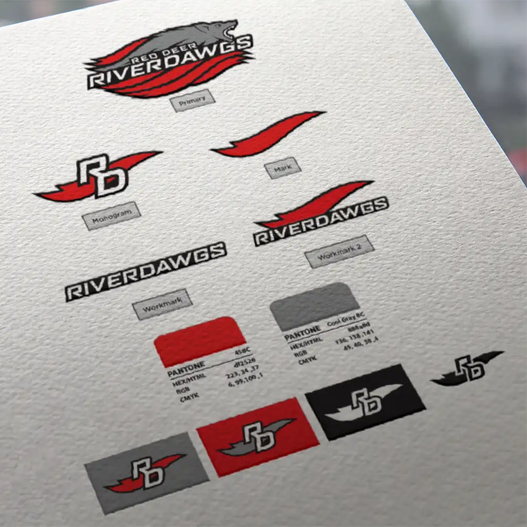 RDLA-Logo OnPaper Red Deer Lacrosse Association Riverdawgs brand - logo versions and pantone colours designed on a 3d sheet of paper