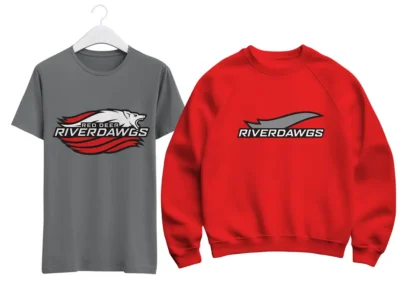 Red Deer Lacrosse Association Riverdawgs grey t shirt and red sweater mockups