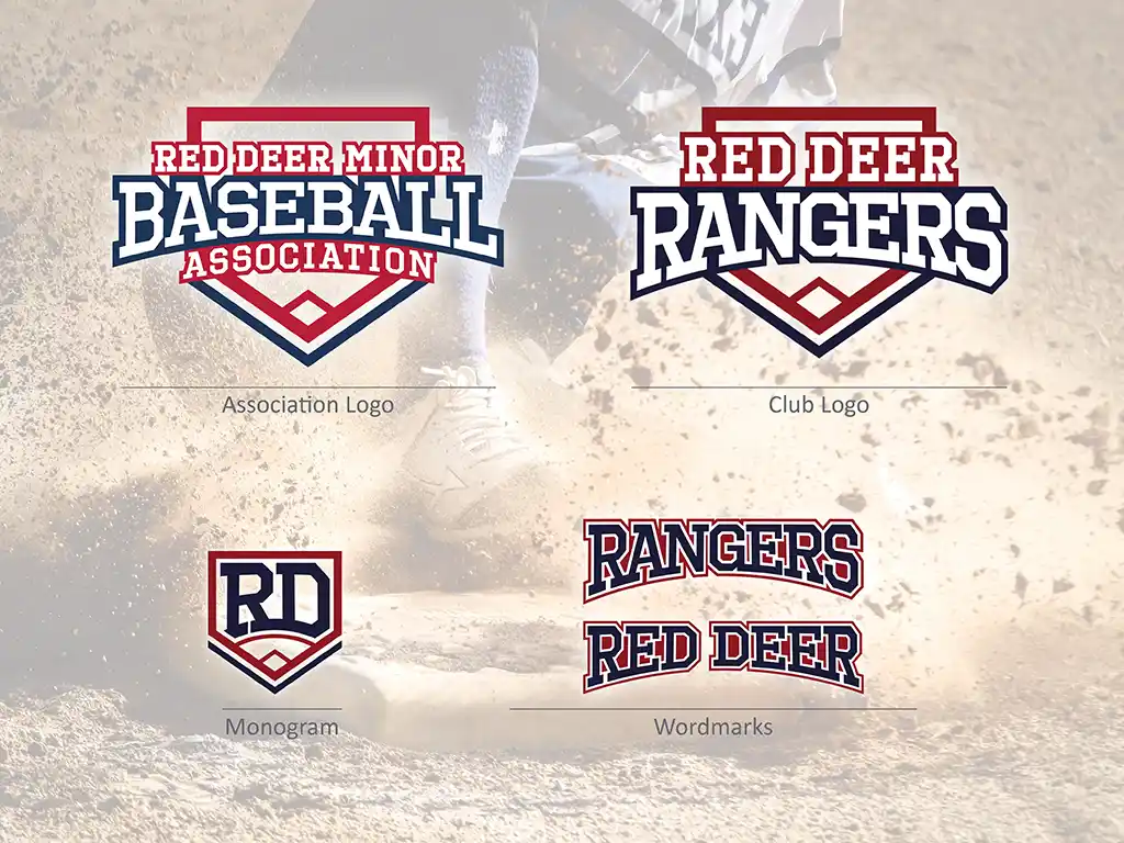 layout of the brand elements - association and team logos, monogram and two wordmarks