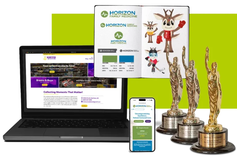 three Marcomm trophies, a laptop and asketchook