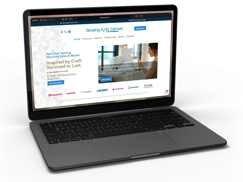 Sewing Arts Centre Red Deer Website on a desktop view laptop