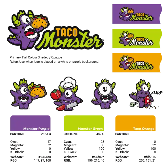 Taco Monster Brand System example with colours and layout riles