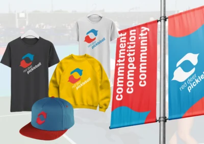 Red Deer Pickleball Club brand examples - clothing, and banners